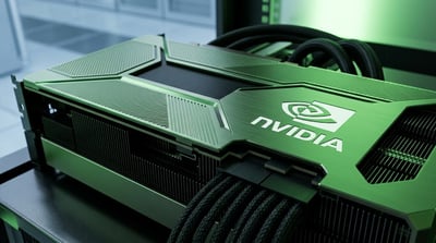 An Nvidia-branded GPU with the company's logo displayed on green hardware in a data center setting.