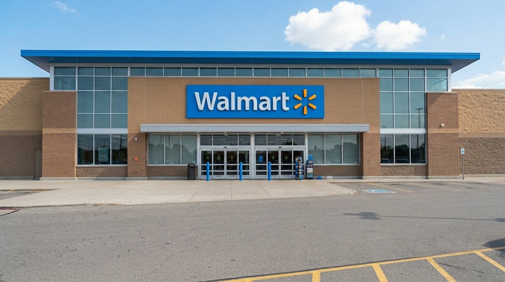 Exterior view of a Walmart store entrance with the company logo and empty parking lot.