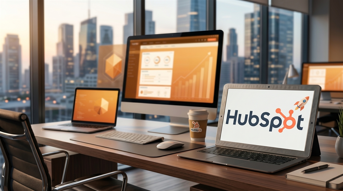 HubSpot logo displayed on a laptop screen at an office desk with a city skyline backdrop.