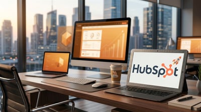 HubSpot logo displayed on a laptop screen at an office desk with a city skyline backdrop.