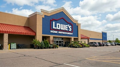 Exterior of a Lowe's Home Improvement retail store with a large parking lot in the foreground.