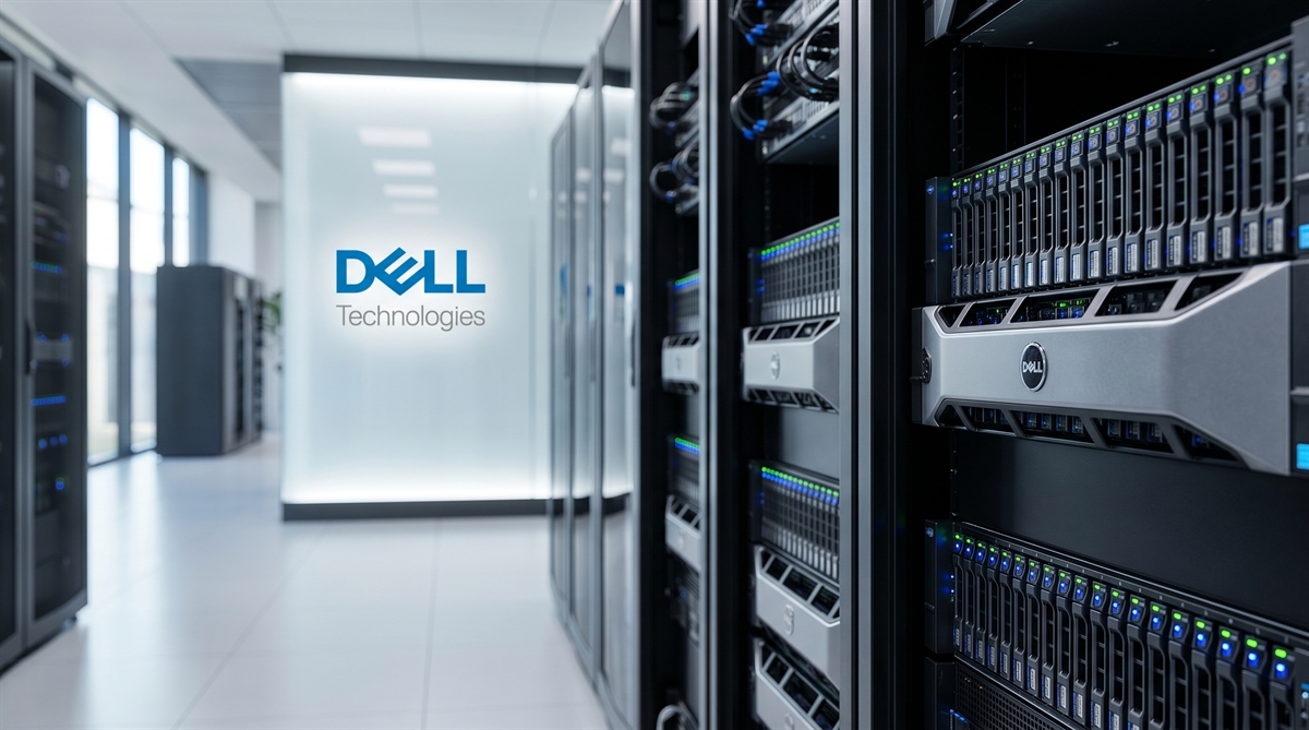 Dell Technologies logo displayed in a data center aisle lined with rack-mounted Dell servers.