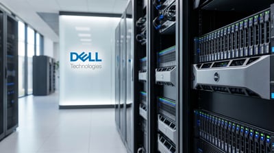 Dell Technologies logo displayed in a data center aisle lined with rack-mounted Dell servers.