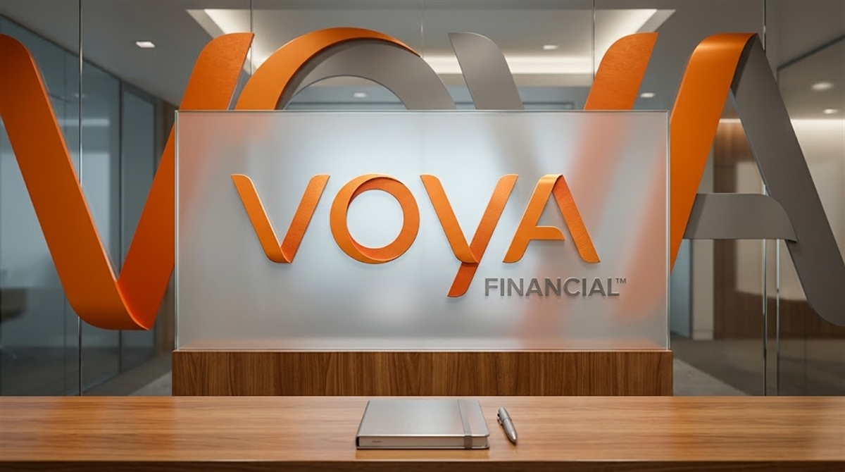 Voya Financial logo displayed on a frosted glass panel at a corporate office reception desk.