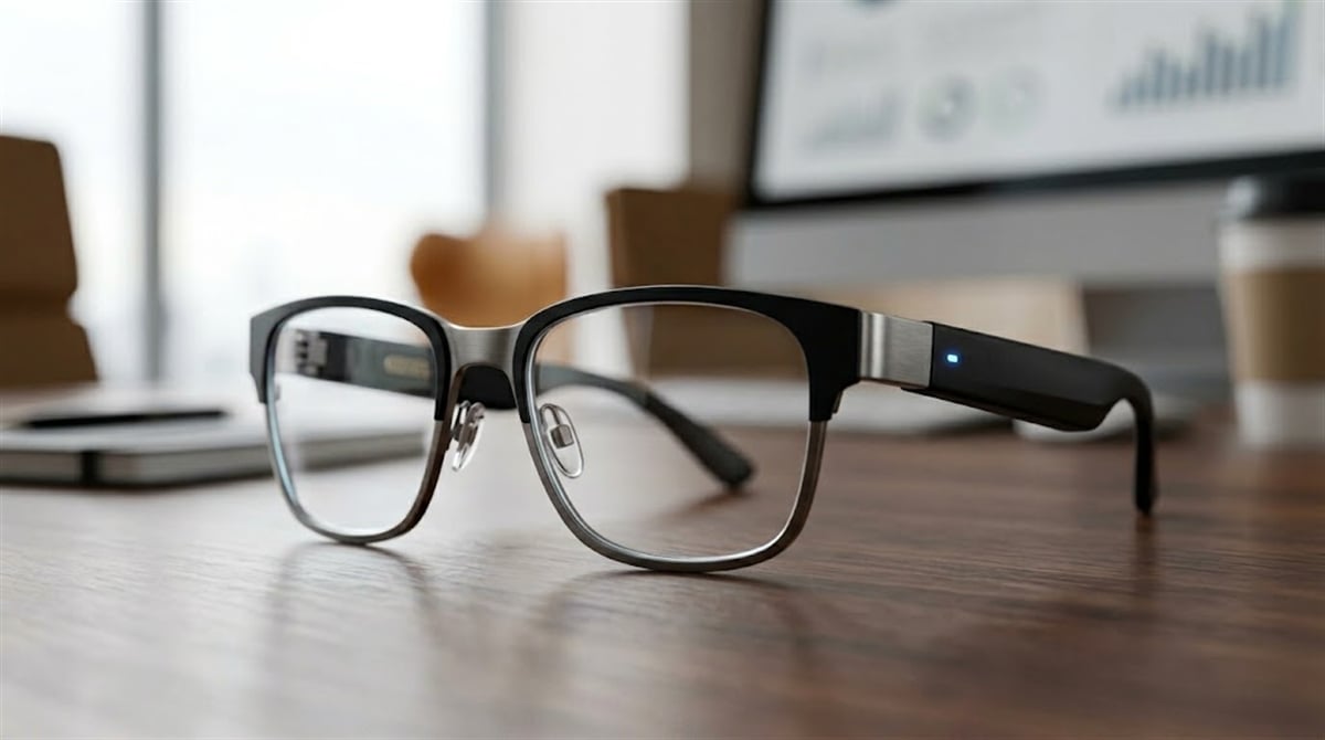 A pair of smart glasses with a blue indicator light rests on a wooden desk in an office setting.