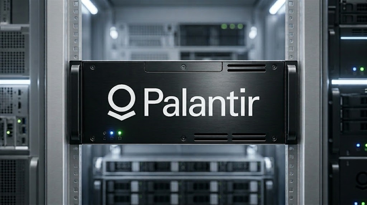 Palantir Technologies logo displayed on a rack-mounted server unit inside a data center.
