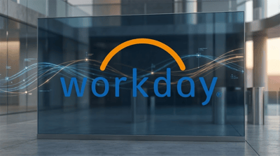 Workday logo displayed on a glass panel in a modern corporate office building lobby.