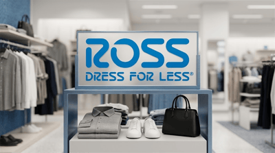 Ross Dress for Less branded display inside a retail store showing folded clothing, sneakers, and a handbag.