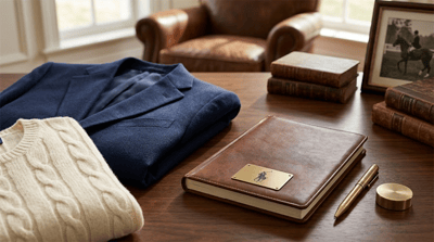 Polo Ralph Lauren branded leather journal, folded navy blazer, and cable-knit sweater arranged on a wooden desk.