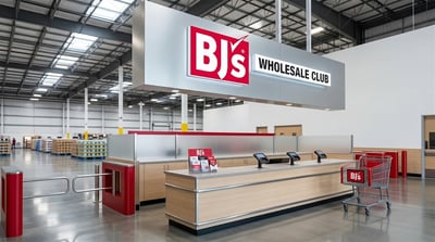 Interior view of a BJ's Wholesale Club store entrance featuring a membership desk and branded shopping cart.