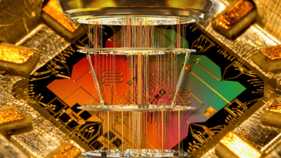 Stylized rendering of a quantum computer processor with gold wiring and colorful semiconductor components.