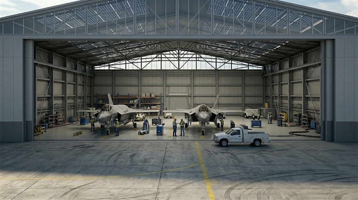 Two F-35 fighter jets undergoing maintenance inside a large military aircraft hangar with ground crew.