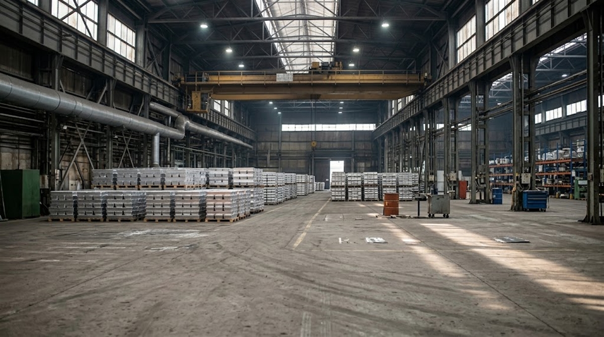 Interior of a large industrial warehouse with pallets of stacked metal ingots and overhead crane.