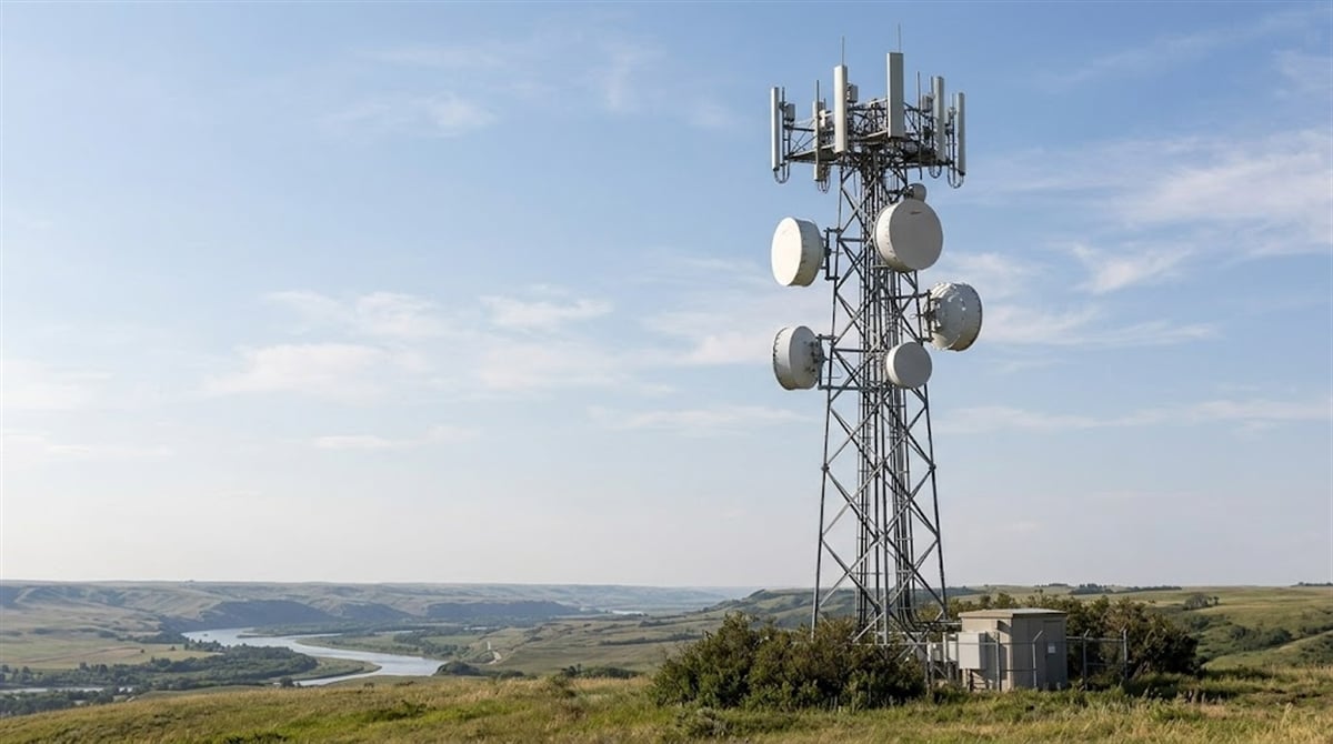 A cellular communications tower with microwave dish antennas stands on a rural hillside overlooking a river valley.