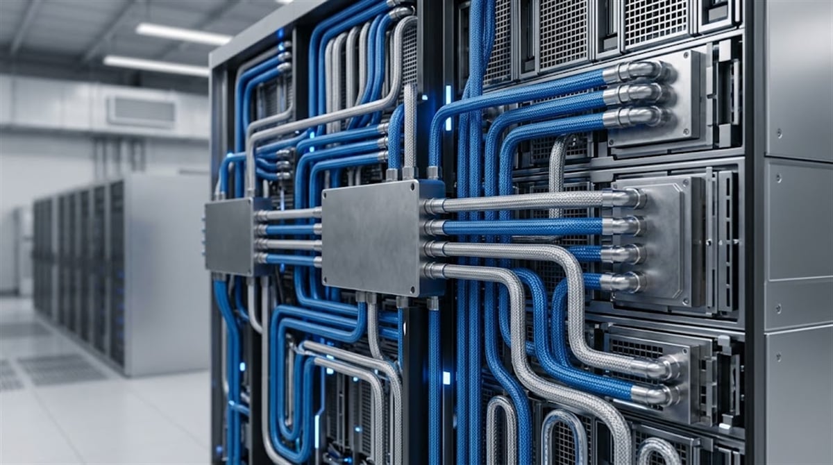 A server rack fitted with blue and silver liquid cooling pipes inside a data center.