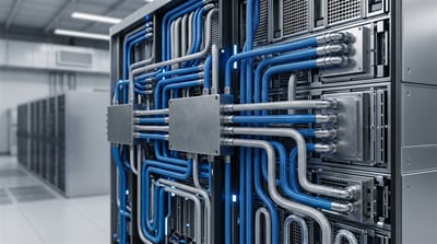 A server rack fitted with blue and silver liquid cooling pipes inside a data center.