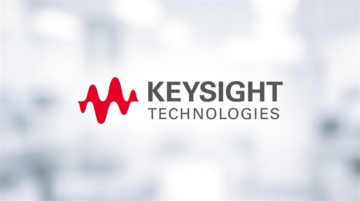 Keysight Technologies logo featuring a red waveform graphic on a light blurred background.