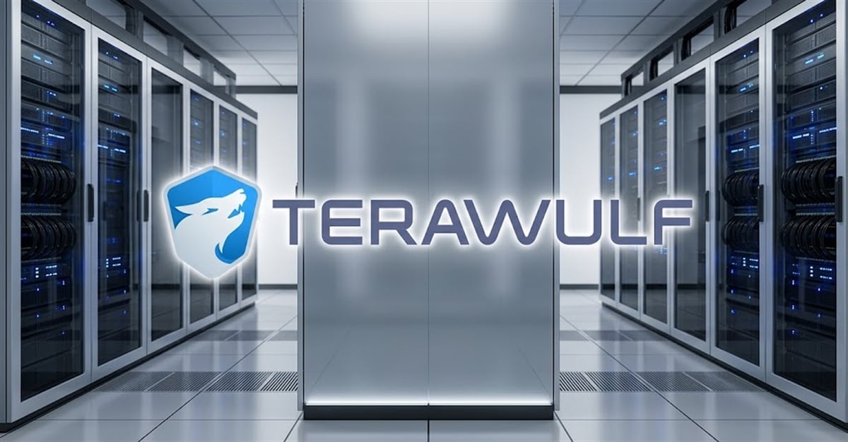 TeraWulf logo overlaid on a data center with rows of server racks.
