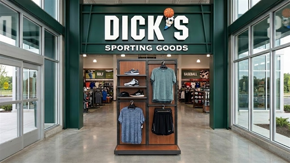 Interior entrance of a Dick's Sporting Goods retail store displaying athletic apparel and footwear.