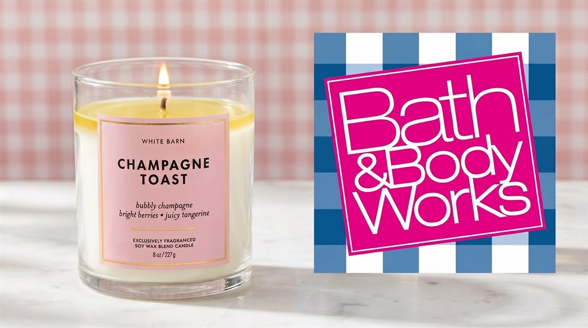 Bath and Body Works Champagne Toast scented candle displayed alongside the company logo.