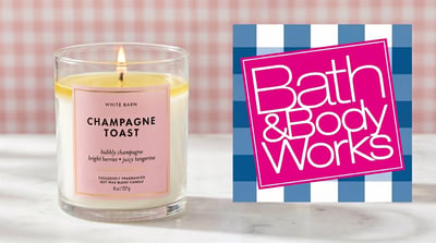 Bath and Body Works Champagne Toast scented candle displayed alongside the company logo.