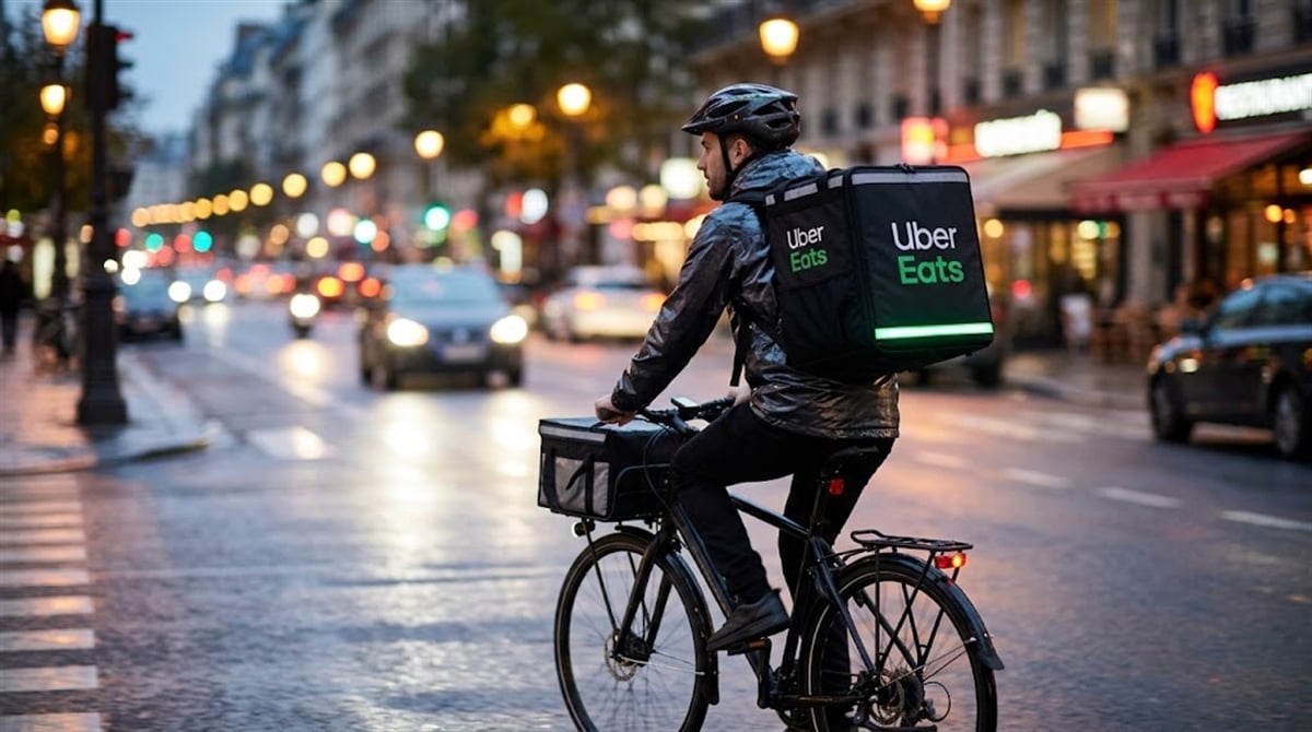An Uber Eats delivery cyclist rides through a rain-slicked urban street at dusk.