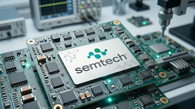 Semtech logo displayed on a circuit board surrounded by semiconductor components in a lab setting.
