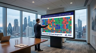 A person in a conference room points to a treemap chart for the Invesco S&P 500 Equal Weight ETF, ticker RSP.