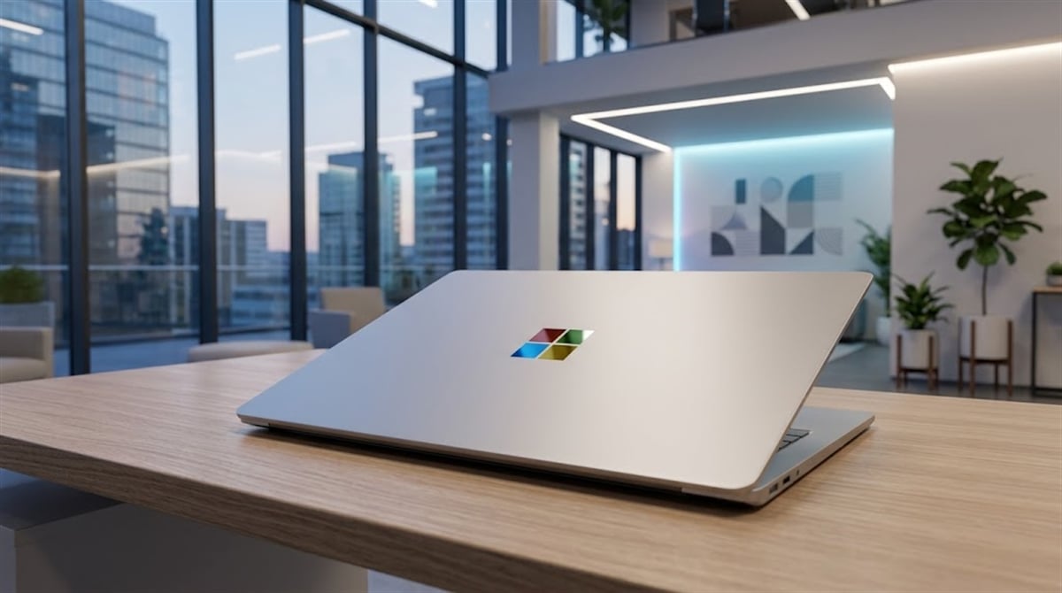 A Microsoft Surface laptop sits open on a wooden desk in a modern office setting.