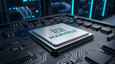 A Marvell Technology branded semiconductor chip mounted on a circuit board in a data center setting.