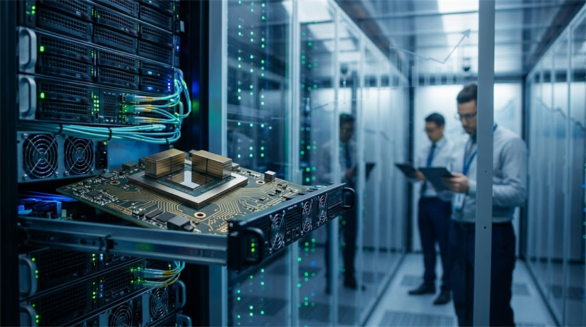 Technicians inspect server racks and a circuit board inside a data center facility.