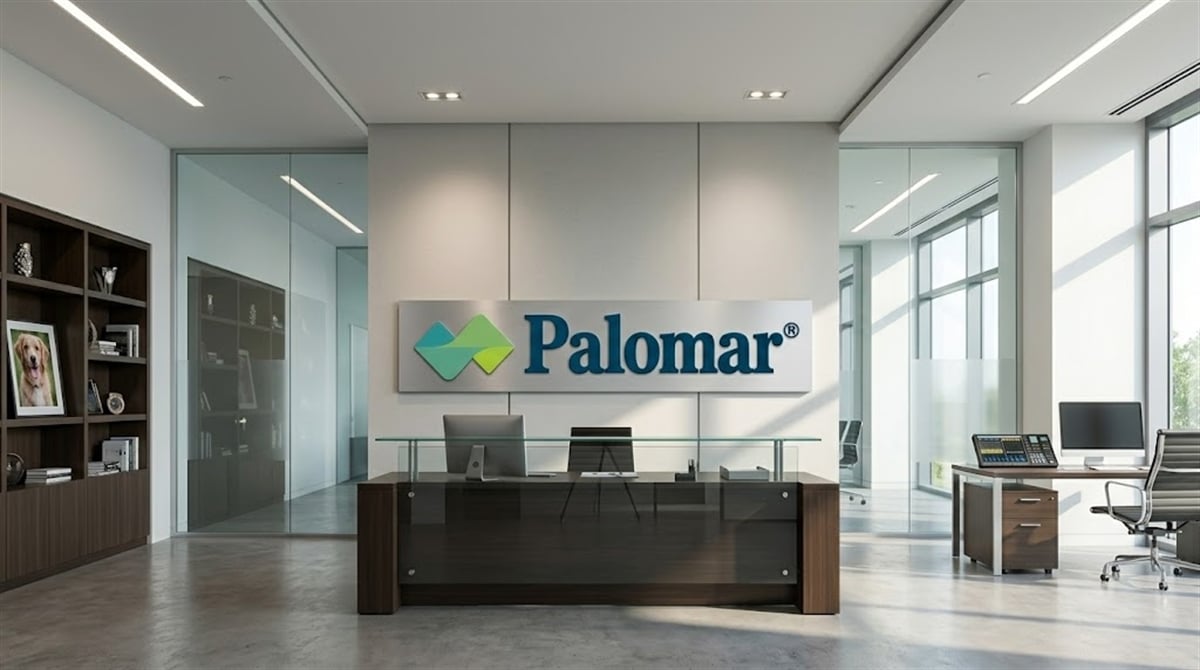 Palomar logo displayed on the wall of a modern corporate office reception area.