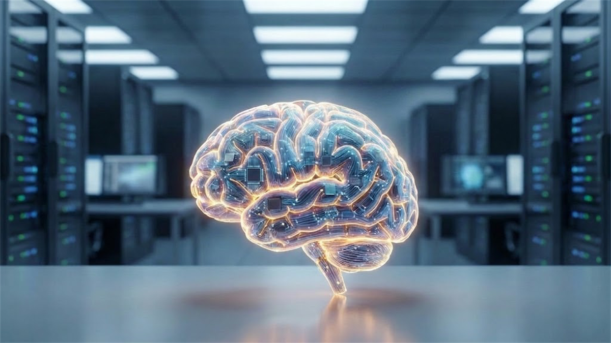 A glowing digital brain with embedded circuit boards sits in a server room data center.