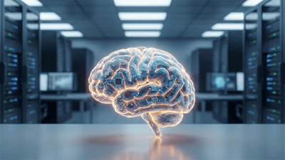 A glowing digital brain with embedded circuit boards sits in a server room data center.