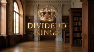 Illustrated graphic with a gold crown and the text "Dividend Kings" set against a classic library background.