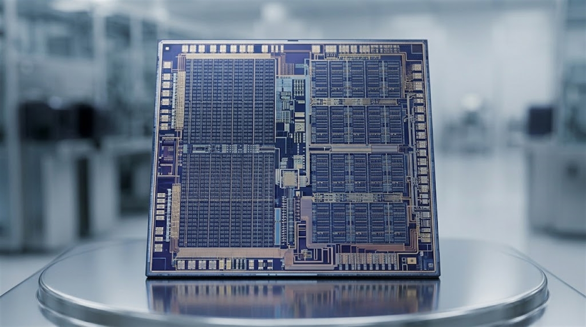 A large semiconductor die displaying dense circuit patterns rests on a polished surface in a cleanroom setting.