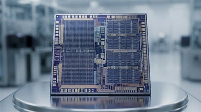 A large semiconductor die displaying dense circuit patterns rests on a polished surface in a cleanroom setting.