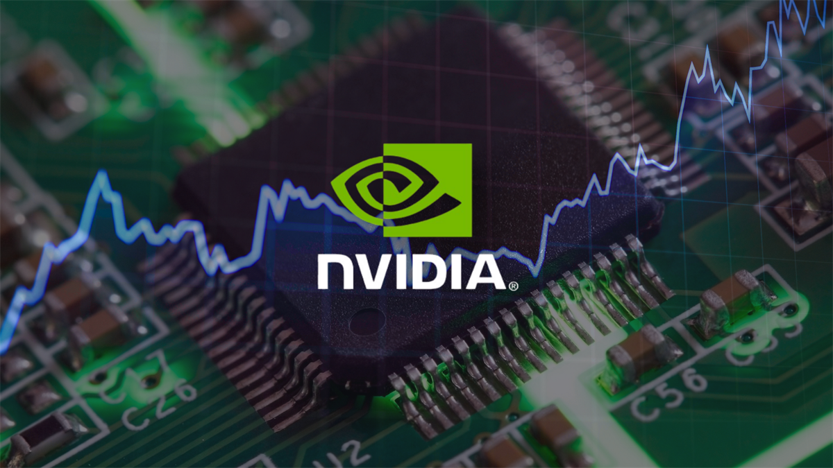 NVIDIA logo overlaid on a circuit board with a rising stock price line chart in the background.