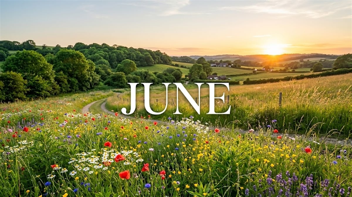 A sunny wildflower landscape with the word "JUNE" centered.