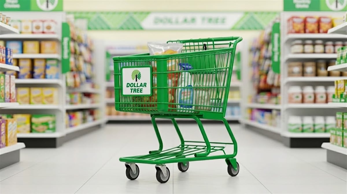 A green Dollar Tree branded shopping cart sits in a store aisle with stocked shelves.