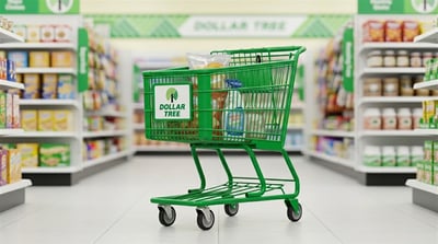 A green Dollar Tree branded shopping cart sits in a store aisle with stocked shelves.