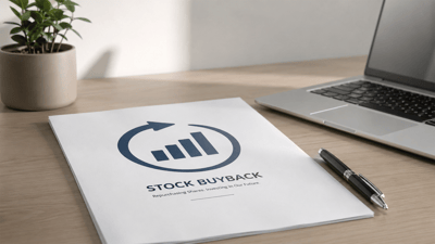 A document labeled "Stock Buyback" rests on a desk beside a pen and laptop.