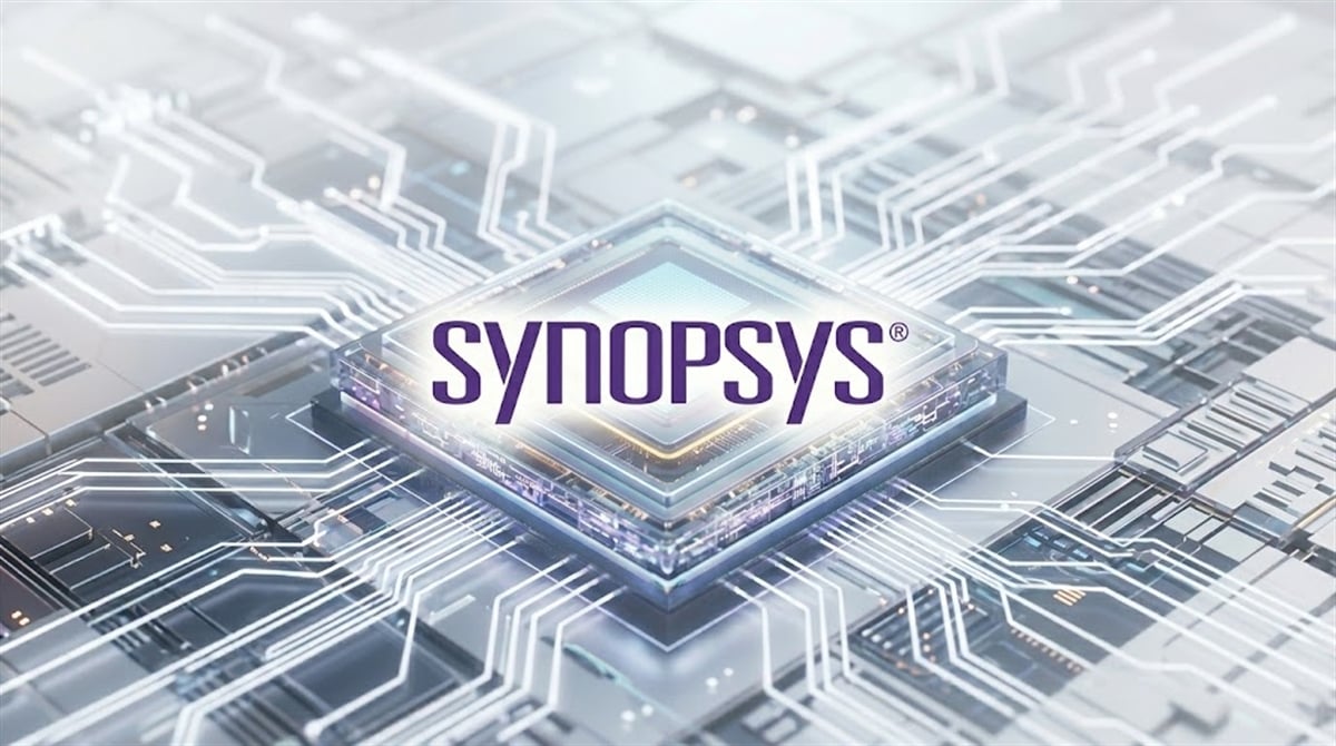 Synopsys logo displayed over a stylized semiconductor chip and circuit board illustration.