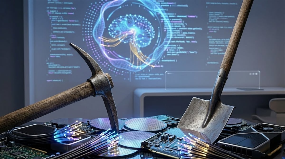 A pickaxe and shovel rest on semiconductor wafers and circuit boards in front of an AI visualization display.