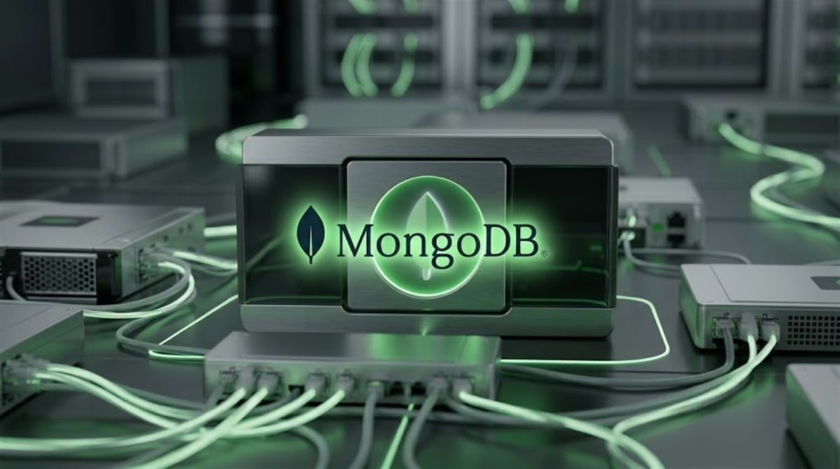 The MongoDB logo glows green on a server device surrounded by cables in a data center setting.