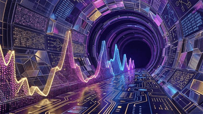 A stylized digital tunnel lined with glowing stock charts, circuit patterns, and scrolling financial data.