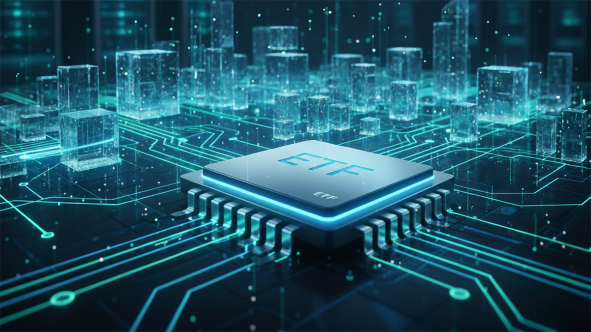 A stylized computer chip labeled ETF surrounded by glowing circuit board lines and digital blocks.
