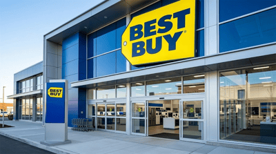 Exterior of a Best Buy retail store location featuring the company's yellow and blue logo signage.