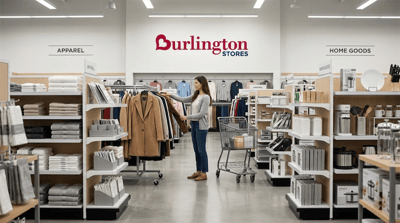 A shopper browses a clothing rack inside a Burlington Stores retail location with apparel and home goods sections visible.