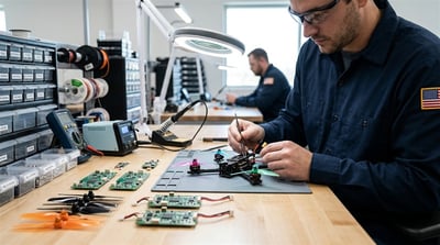 A technician assembles a small drone on a workbench in an electronics manufacturing facility.